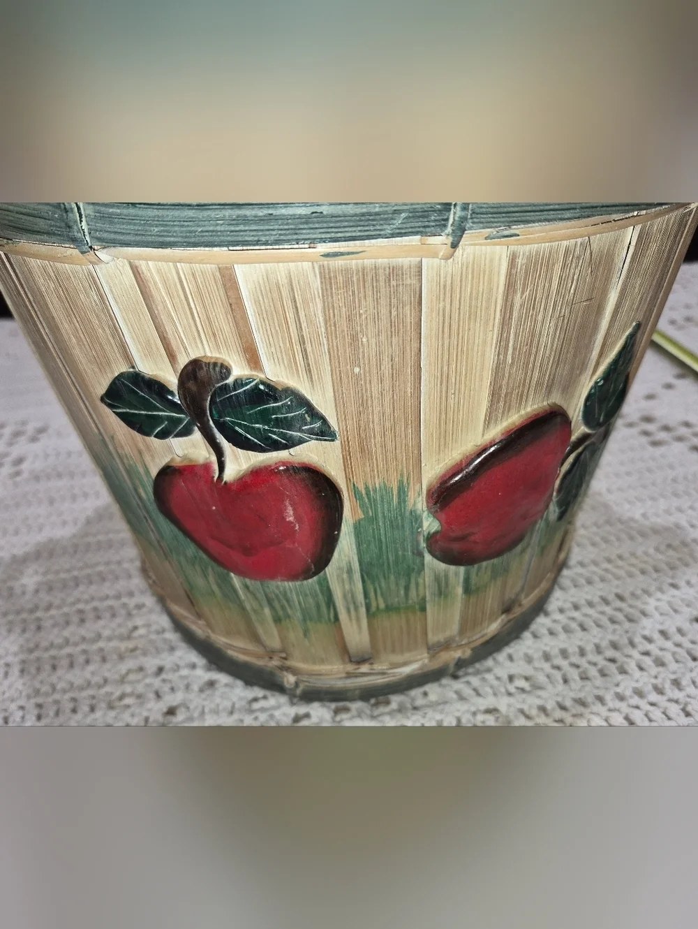 Vintage Wicker Basket featuring a hand-painted red apple motif and green accents